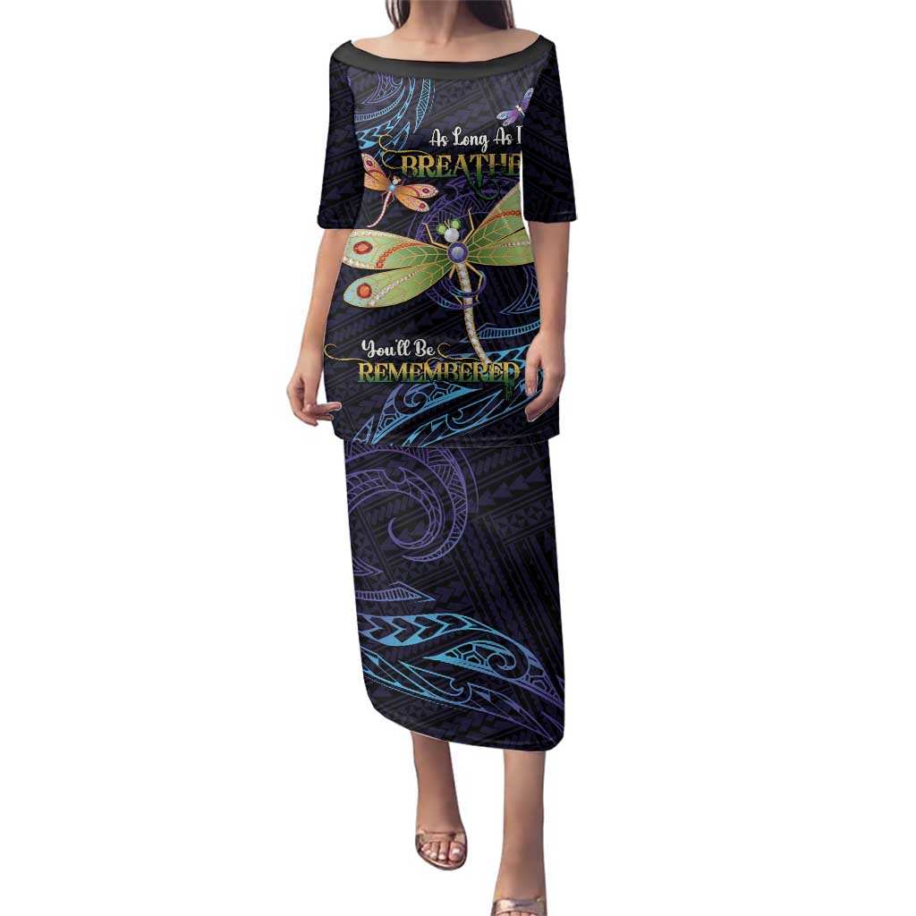 As Long As I Breathe You'll Be Remembered Family Matching Puletasi and Hawaiian Shirt Dragonflies Memorial - Polynesian Pattern LT14 Mom's Dress Black - Polynesian Pride