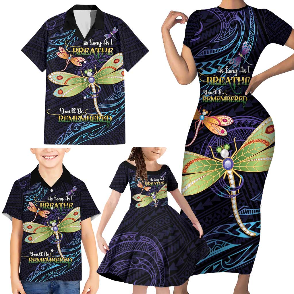 As Long As I Breathe You'll Be Remembered Family Matching Short Sleeve Bodycon Dress and Hawaiian Shirt Dragonflies Memorial - Polynesian Pattern LT14 - Polynesian Pride