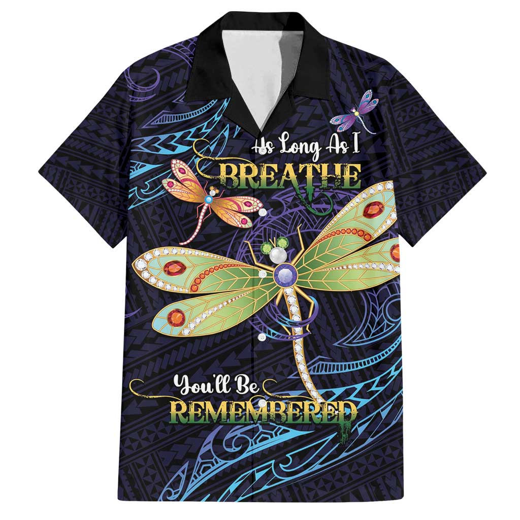 As Long As I Breathe You'll Be Remembered Family Matching Summer Maxi Dress and Hawaiian Shirt Dragonflies Memorial - Polynesian Pattern LT14 Dad's Shirt - Short Sleeve Black - Polynesian Pride
