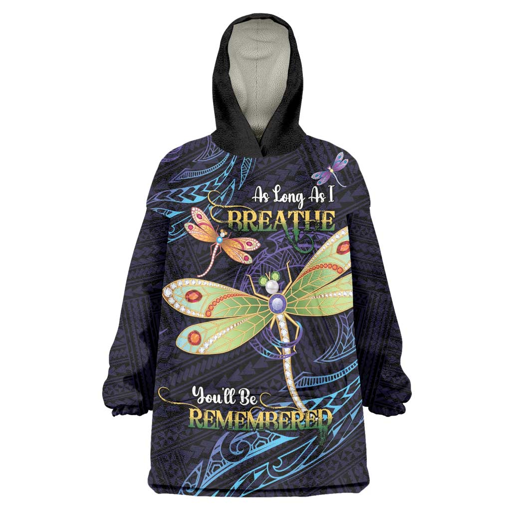 As Long As I Breathe You'll Be Remembered Wearable Blanket Hoodie Dragonflies Memorial - Polynesian Pattern LT14 One Size Black - Polynesian Pride