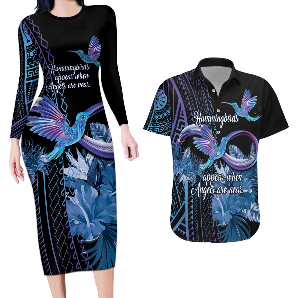 Polynesian Memorial Couples Matching Long Sleeve Bodycon Dress and Hawaiian Shirt Hummingbirds Appear When Angels Are Near LT14 Black - Polynesian Pride