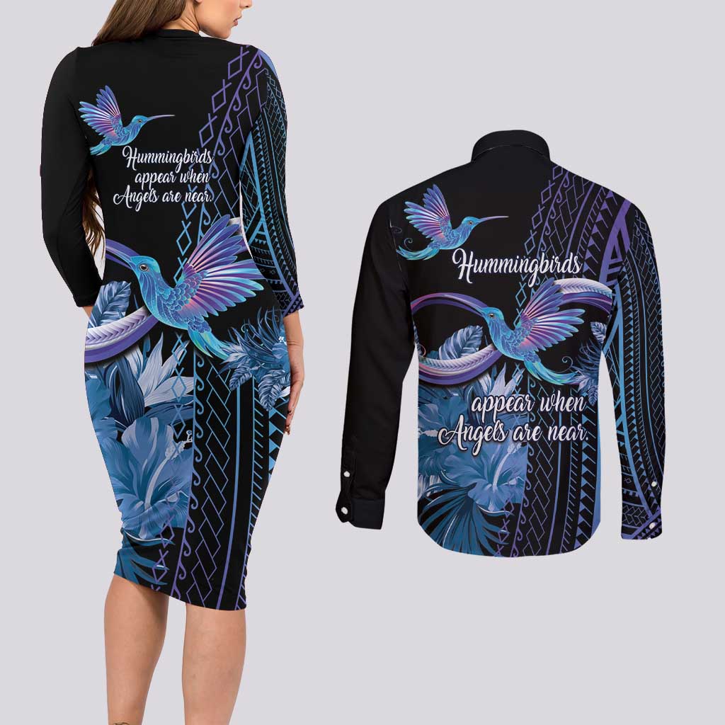 Polynesian Memorial Couples Matching Long Sleeve Bodycon Dress and Long Sleeve Button Shirt Hummingbirds Appear When Angels Are Near LT14 - Polynesian Pride
