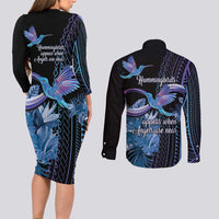 Polynesian Memorial Couples Matching Long Sleeve Bodycon Dress and Long Sleeve Button Shirt Hummingbirds Appear When Angels Are Near LT14 - Polynesian Pride