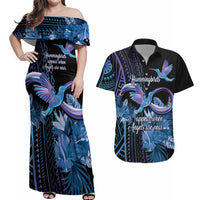 Polynesian Memorial Couples Matching Off Shoulder Maxi Dress and Hawaiian Shirt Hummingbirds Appear When Angels Are Near LT14 Black - Polynesian Pride