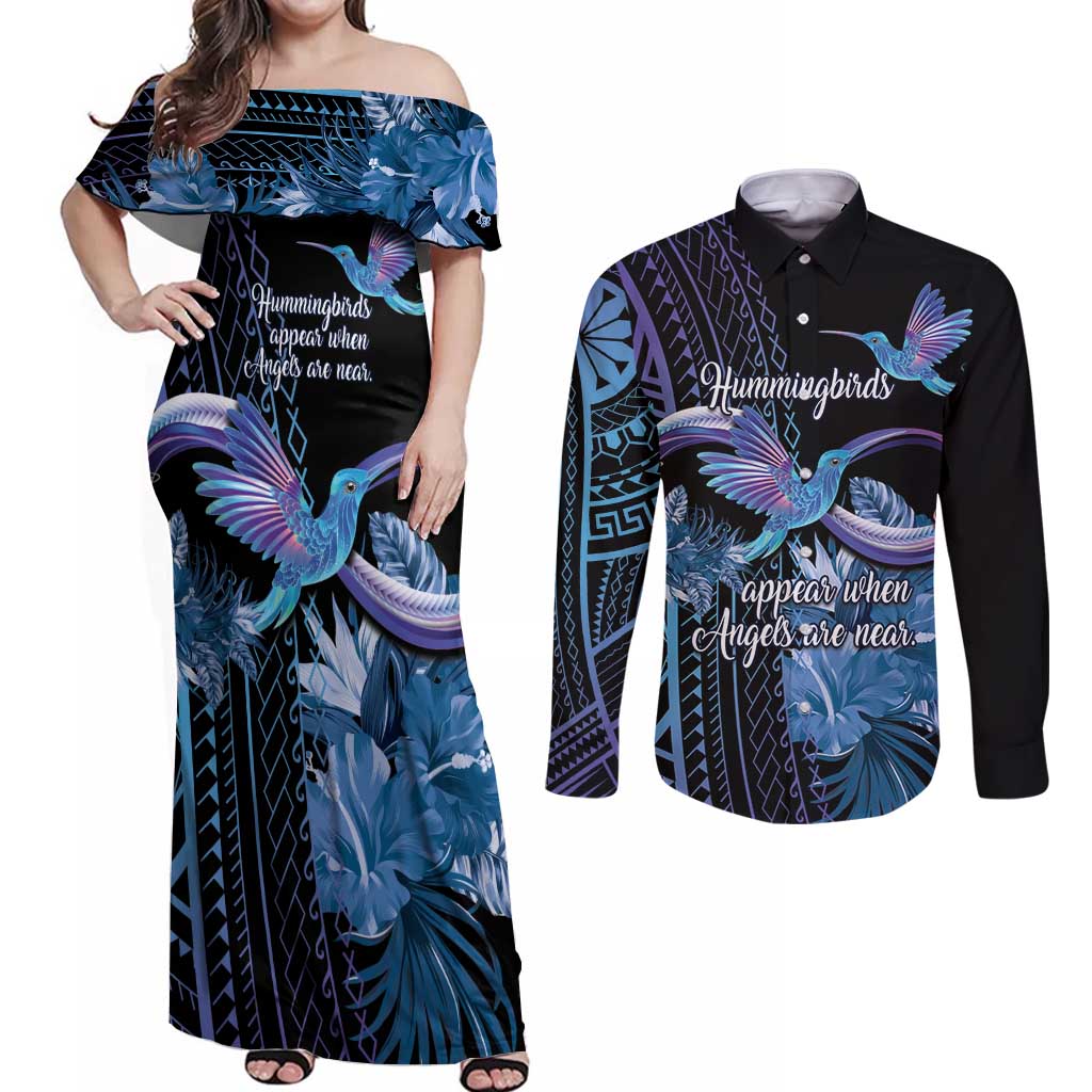Polynesian Memorial Couples Matching Off Shoulder Maxi Dress and Long Sleeve Button Shirt Hummingbirds Appear When Angels Are Near LT14 Black - Polynesian Pride