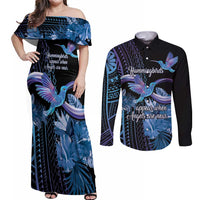 Polynesian Memorial Couples Matching Off Shoulder Maxi Dress and Long Sleeve Button Shirt Hummingbirds Appear When Angels Are Near LT14 Black - Polynesian Pride