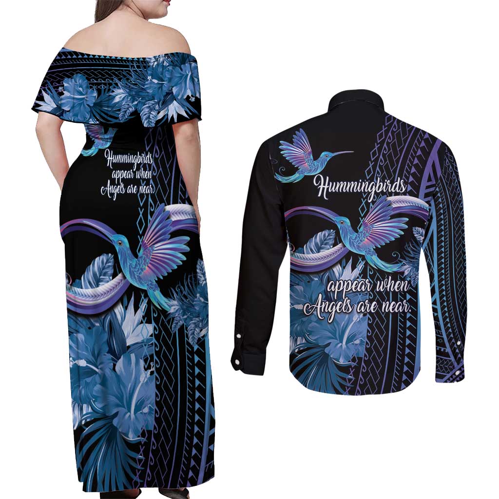 Polynesian Memorial Couples Matching Off Shoulder Maxi Dress and Long Sleeve Button Shirt Hummingbirds Appear When Angels Are Near LT14 - Polynesian Pride