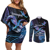 Polynesian Memorial Couples Matching Off Shoulder Short Dress and Long Sleeve Button Shirt Hummingbirds Appear When Angels Are Near LT14 Black - Polynesian Pride