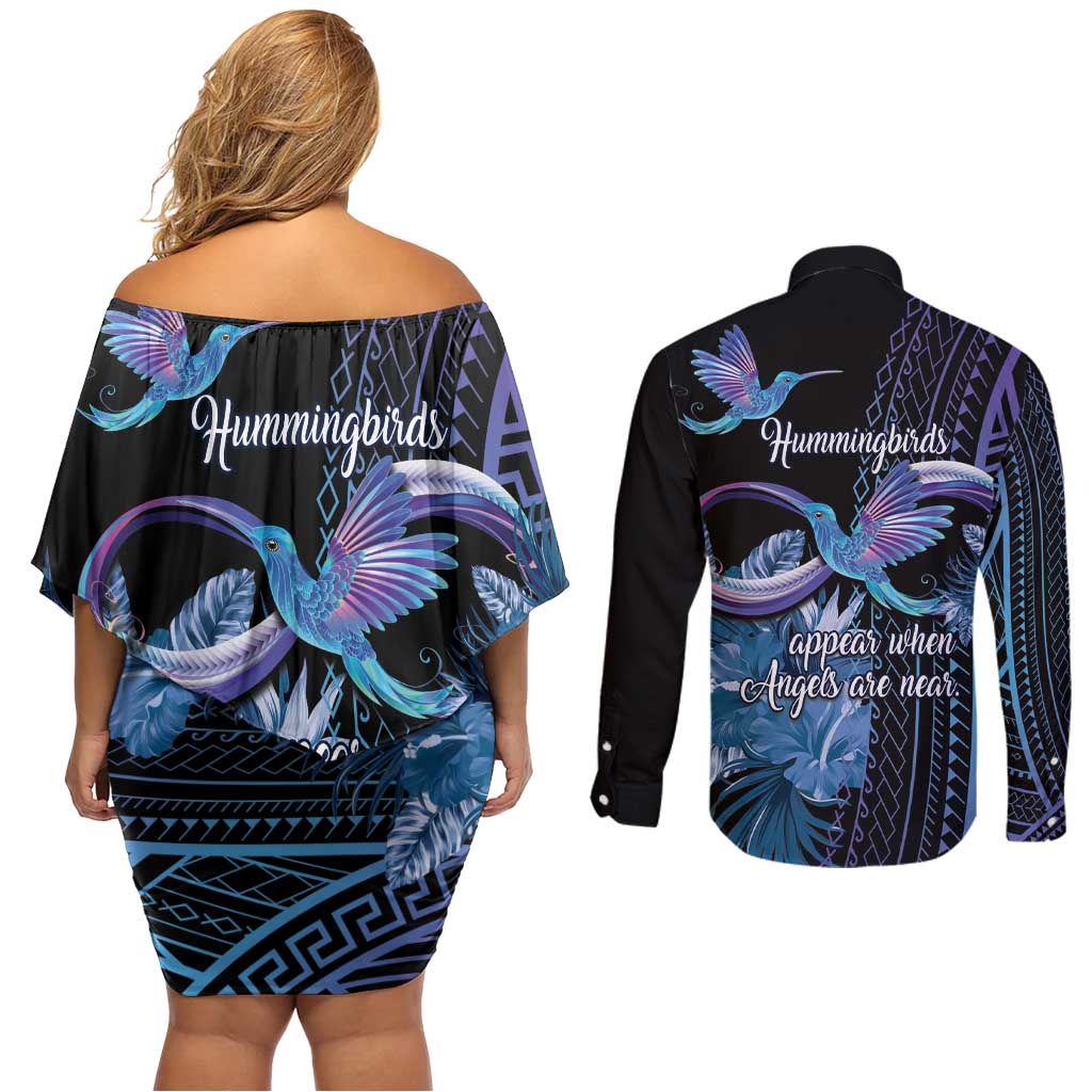Polynesian Memorial Couples Matching Off Shoulder Short Dress and Long Sleeve Button Shirt Hummingbirds Appear When Angels Are Near LT14 - Polynesian Pride