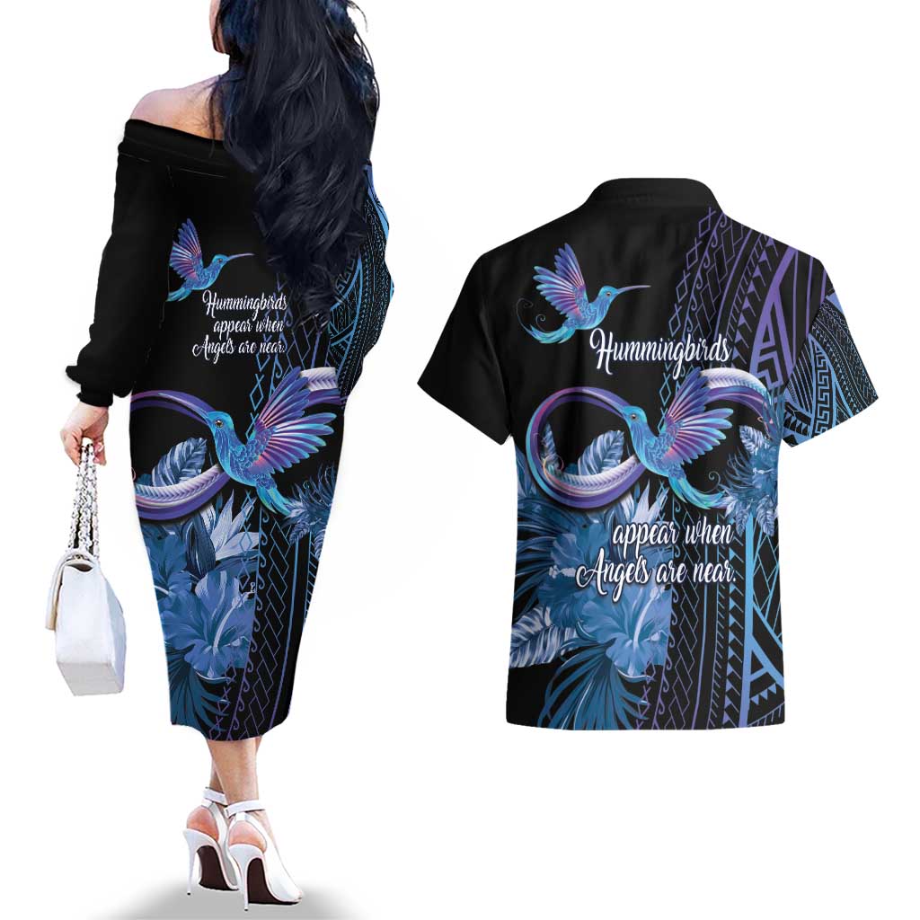 Polynesian Memorial Couples Matching Off The Shoulder Long Sleeve Dress and Hawaiian Shirt Hummingbirds Appear When Angels Are Near LT14 - Polynesian Pride