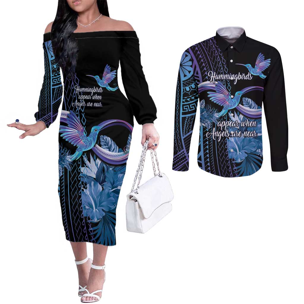 Polynesian Memorial Couples Matching Off The Shoulder Long Sleeve Dress and Long Sleeve Button Shirt Hummingbirds Appear When Angels Are Near LT14 Black - Polynesian Pride