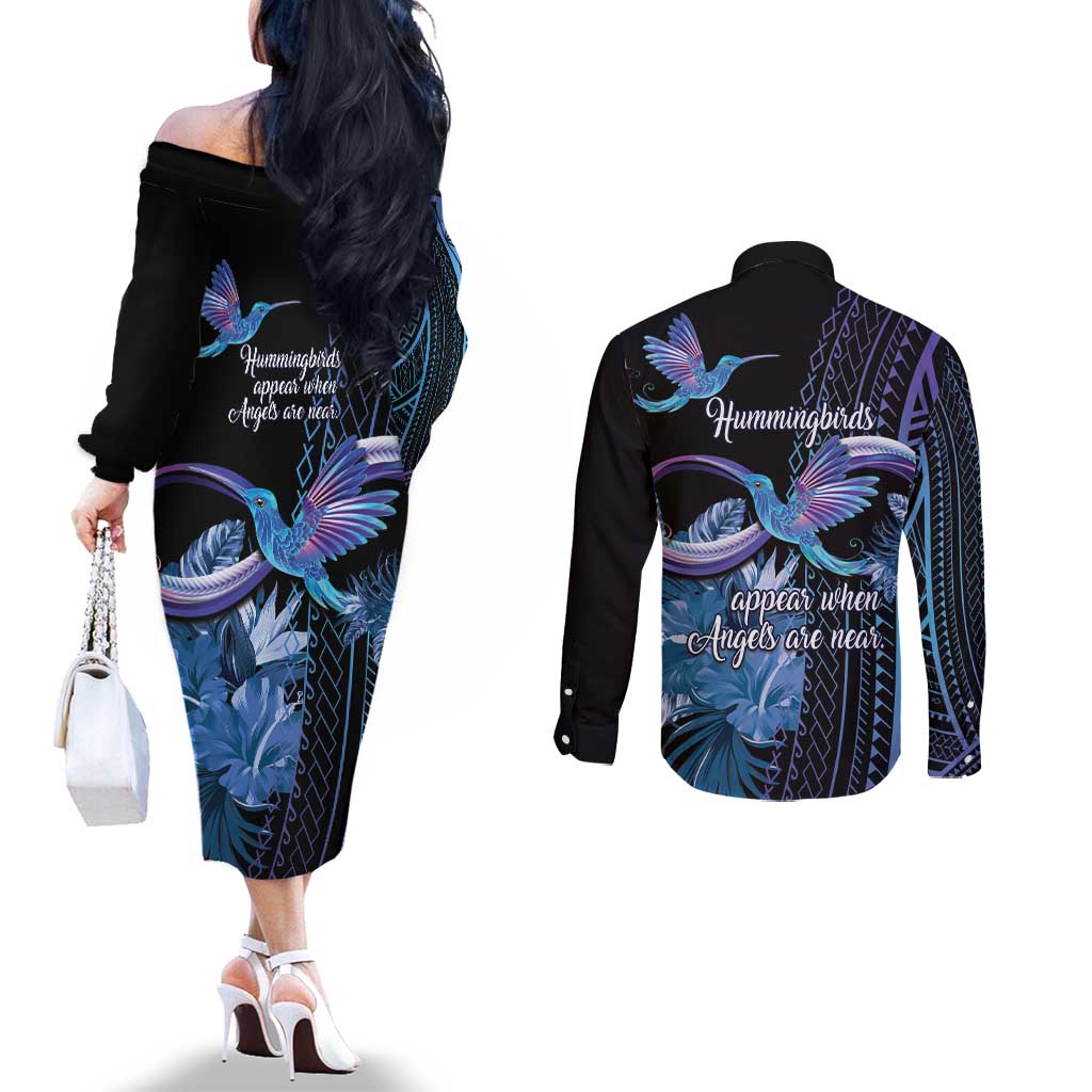 Polynesian Memorial Couples Matching Off The Shoulder Long Sleeve Dress and Long Sleeve Button Shirt Hummingbirds Appear When Angels Are Near LT14 - Polynesian Pride