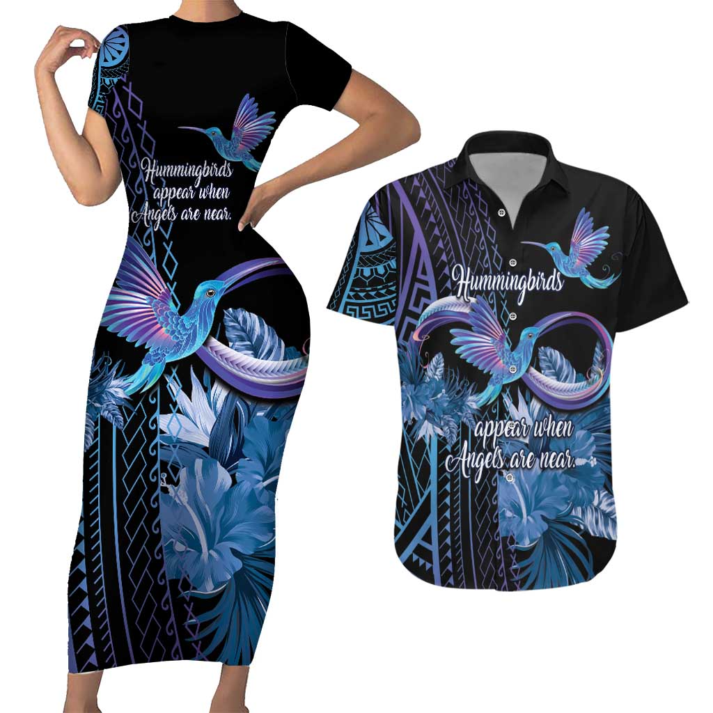 Polynesian Memorial Couples Matching Short Sleeve Bodycon Dress and Hawaiian Shirt Hummingbirds Appear When Angels Are Near LT14 Black - Polynesian Pride