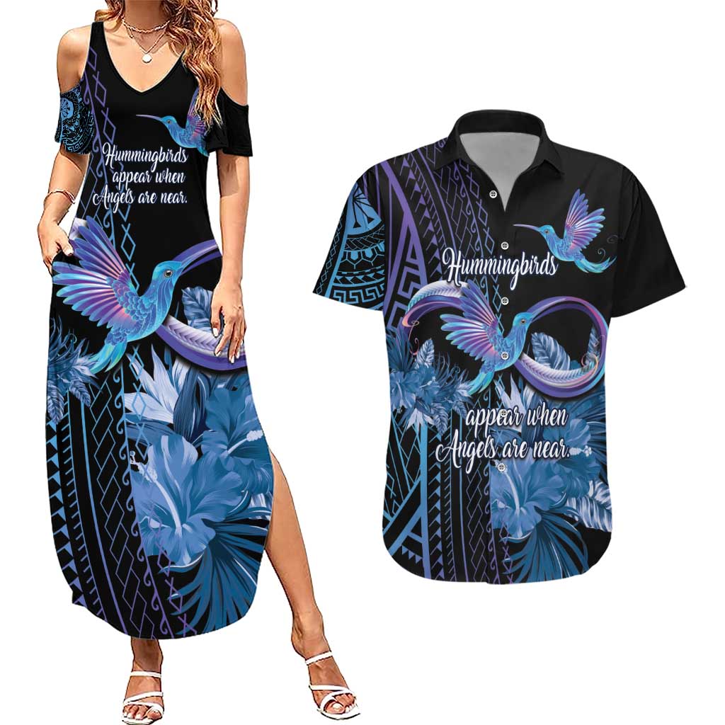 Polynesian Memorial Couples Matching Summer Maxi Dress and Hawaiian Shirt Hummingbirds Appear When Angels Are Near LT14 Black - Polynesian Pride