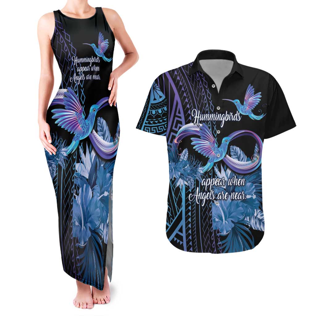 Polynesian Memorial Couples Matching Tank Maxi Dress and Hawaiian Shirt Hummingbirds Appear When Angels Are Near LT14 Black - Polynesian Pride