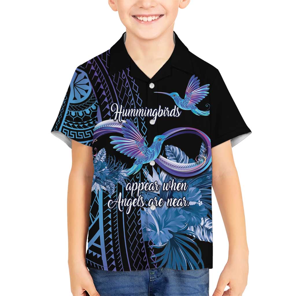 Polynesian Memorial Family Matching Long Sleeve Bodycon Dress and Hawaiian Shirt Hummingbirds Appear When Angels Are Near LT14 Son's Shirt Black - Polynesian Pride