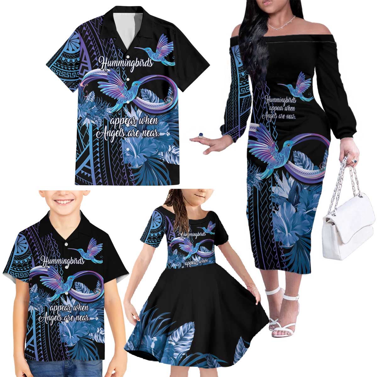 Polynesian Memorial Family Matching Off The Shoulder Long Sleeve Dress and Hawaiian Shirt Hummingbirds Appear When Angels Are Near LT14 - Polynesian Pride