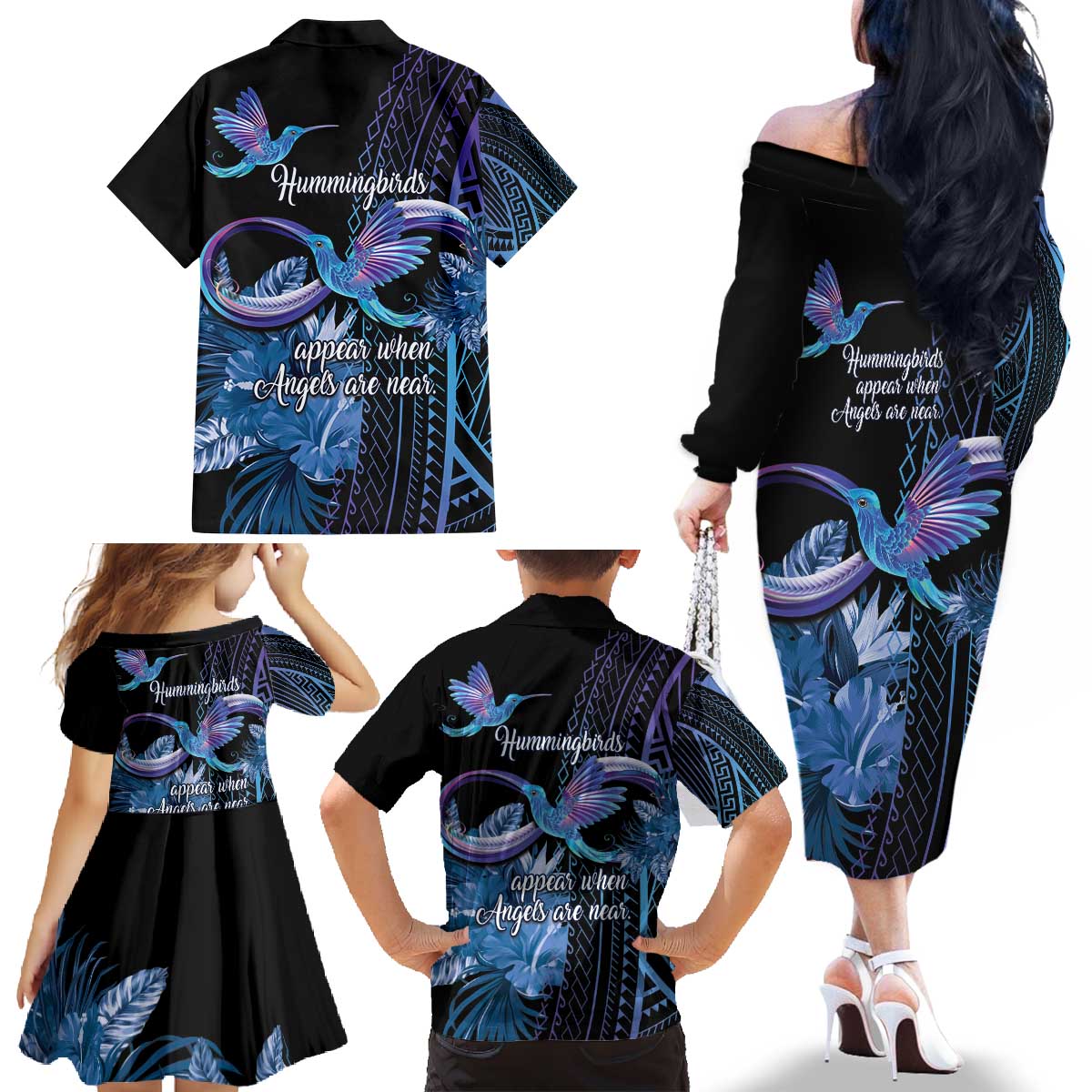 Polynesian Memorial Family Matching Off The Shoulder Long Sleeve Dress and Hawaiian Shirt Hummingbirds Appear When Angels Are Near LT14 - Polynesian Pride