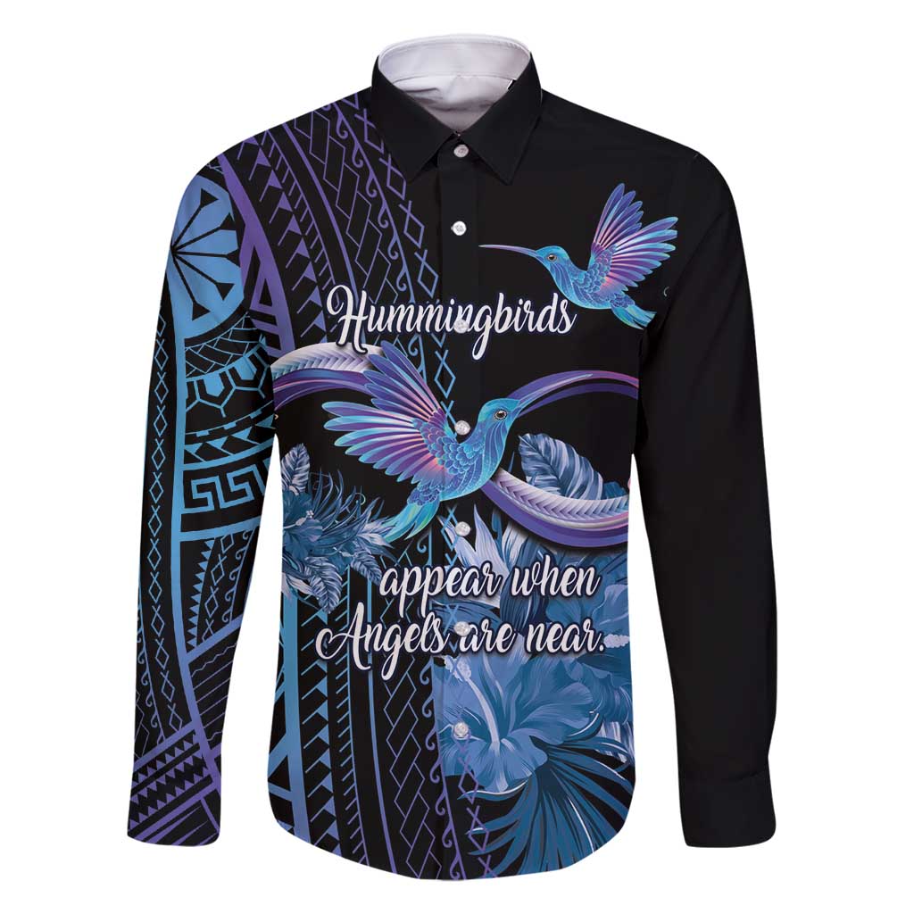Polynesian Memorial Family Matching Off Shoulder Maxi Dress and Hawaiian Shirt Hummingbirds Appear When Angels Are Near LT14 Dad's Shirt - Long Sleeve Black - Polynesian Pride
