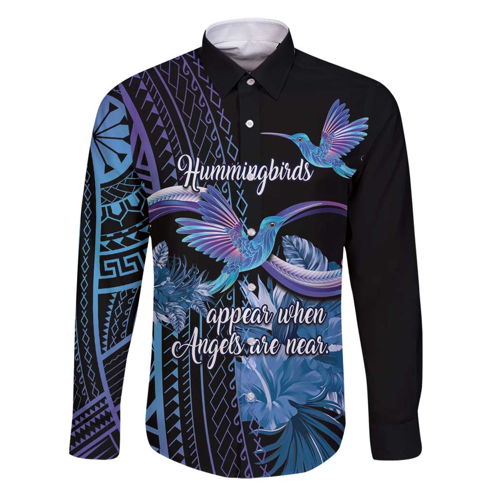 Polynesian Memorial Family Matching Puletasi and Hawaiian Shirt Hummingbirds Appear When Angels Are Near LT14 Dad's Shirt - Long Sleeve Black - Polynesian Pride