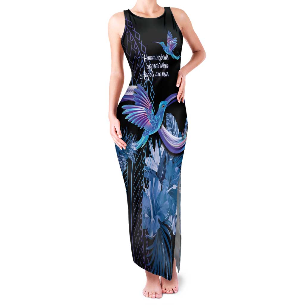 Polynesian Memorial Family Matching Tank Maxi Dress and Hawaiian Shirt Hummingbirds Appear When Angels Are Near LT14 Mom's Dress Black - Polynesian Pride