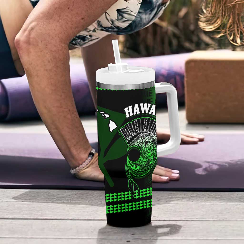 Hawaii Tumbler With Handle Kakau Warrior Helmet Gradient Green Polynesian