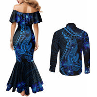 Blue Polynesia Shark Tattoo Couples Matching Mermaid Dress and Long Sleeve Button Shirt With Polynesian Plumeria LT14 - Polynesian Pride