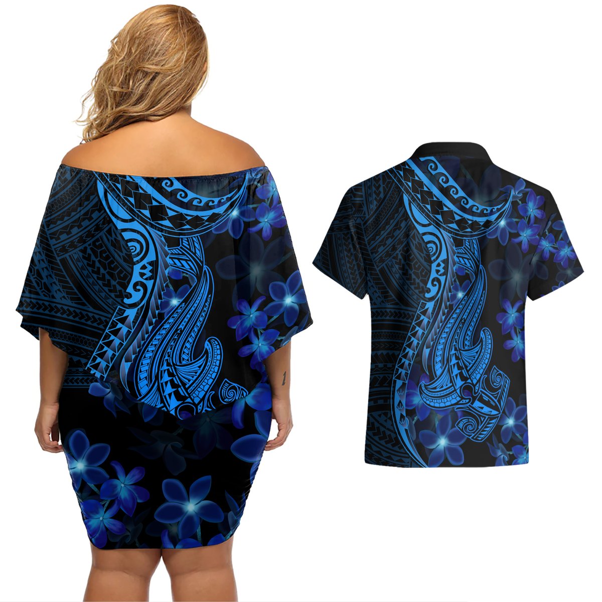Blue Polynesia Shark Tattoo Couples Matching Off Shoulder Short Dress and Hawaiian Shirt With Polynesian Plumeria LT14 - Polynesian Pride