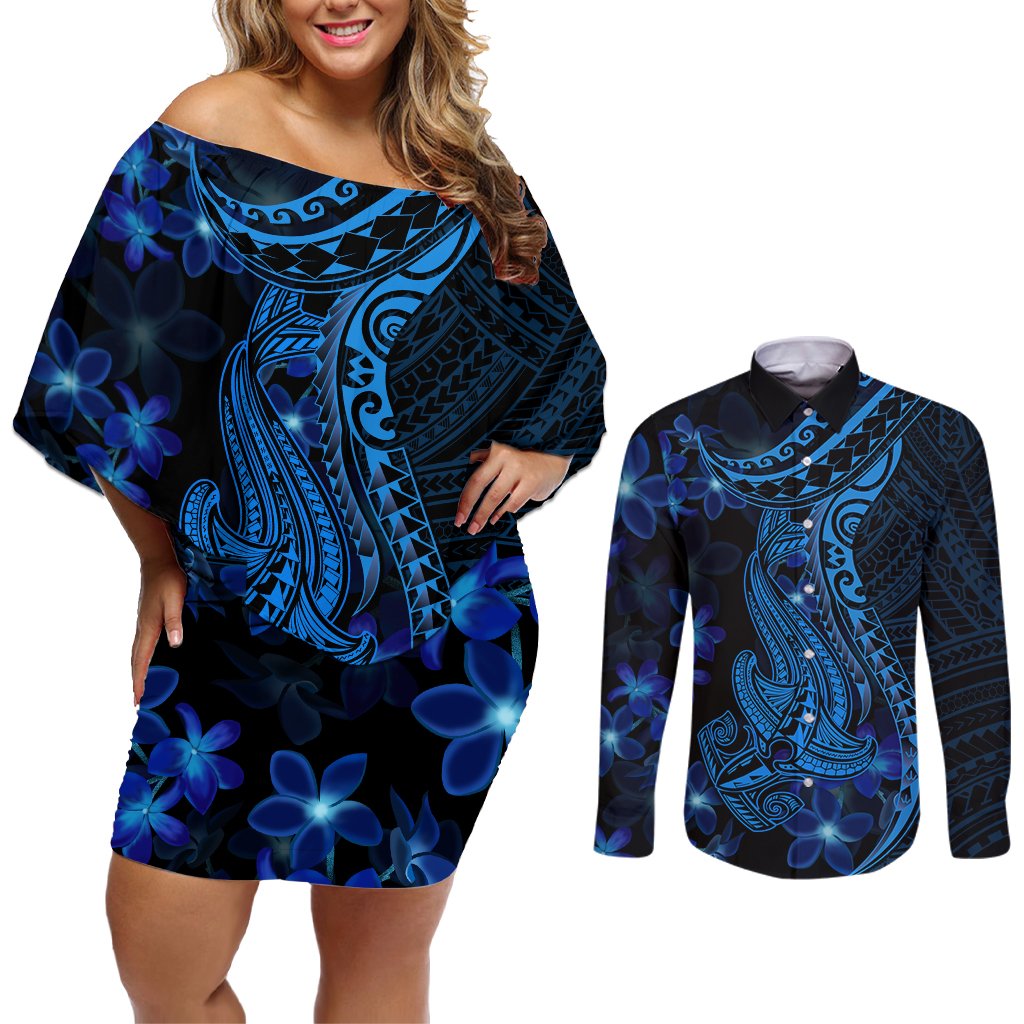 Blue Polynesia Shark Tattoo Couples Matching Off Shoulder Short Dress and Long Sleeve Button Shirt With Polynesian Plumeria LT14 Blue - Polynesian Pride