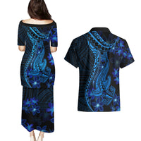 Blue Polynesia Shark Tattoo Couples Matching Puletasi Dress and Hawaiian Shirt With Polynesian Plumeria LT14 - Polynesian Pride