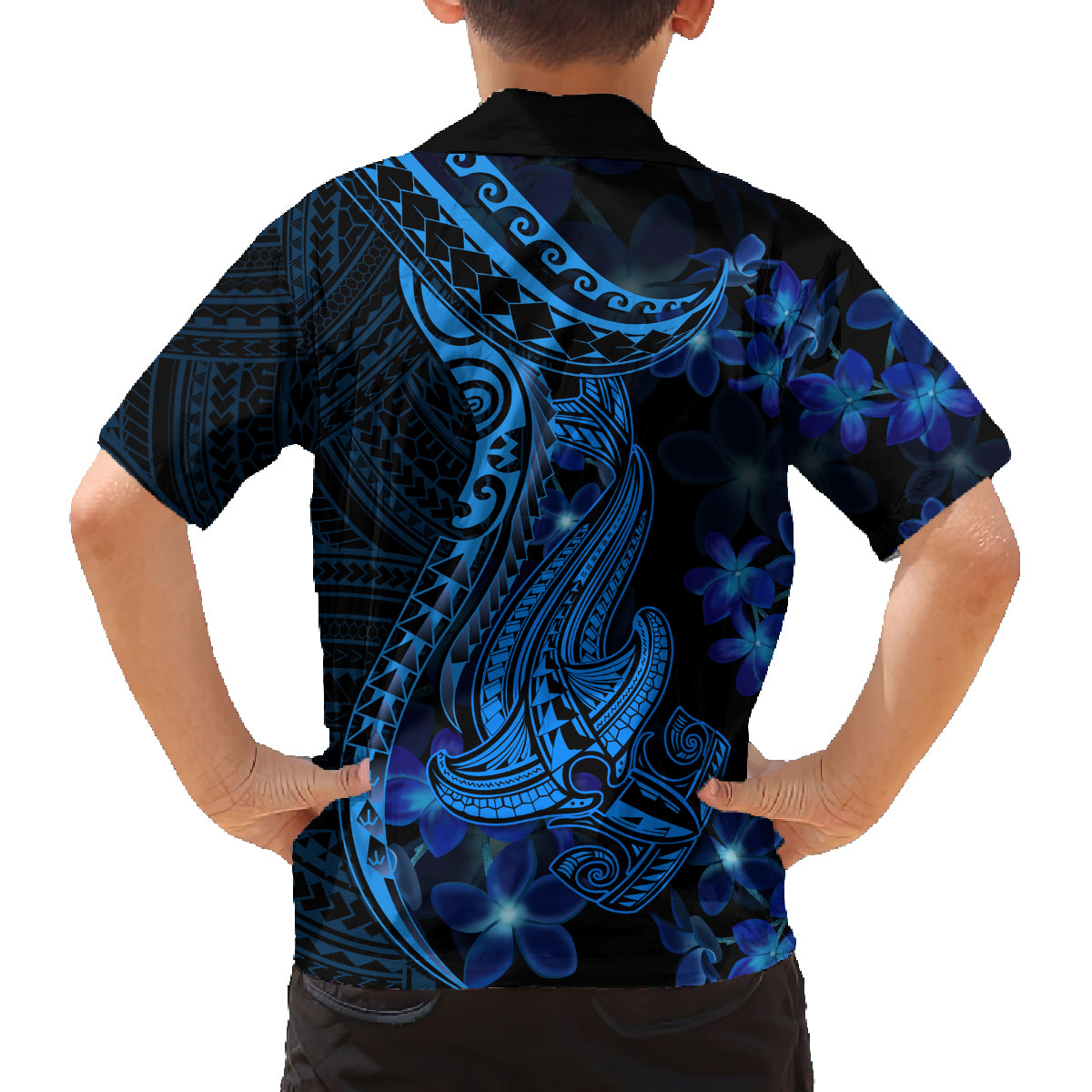 Blue Polynesia Shark Tattoo Family Matching Long Sleeve Bodycon Dress and Hawaiian Shirt With Polynesian Plumeria LT14 - Polynesian Pride