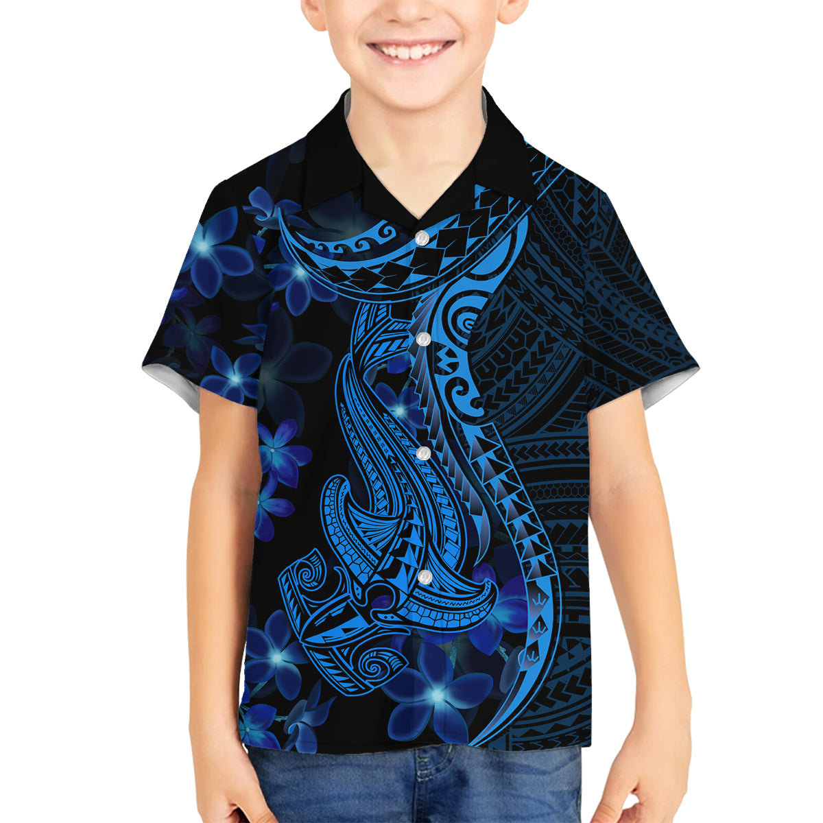 Blue Polynesia Shark Tattoo Family Matching Off Shoulder Maxi Dress and Hawaiian Shirt With Polynesian Plumeria LT14 Son's Shirt Blue - Polynesian Pride