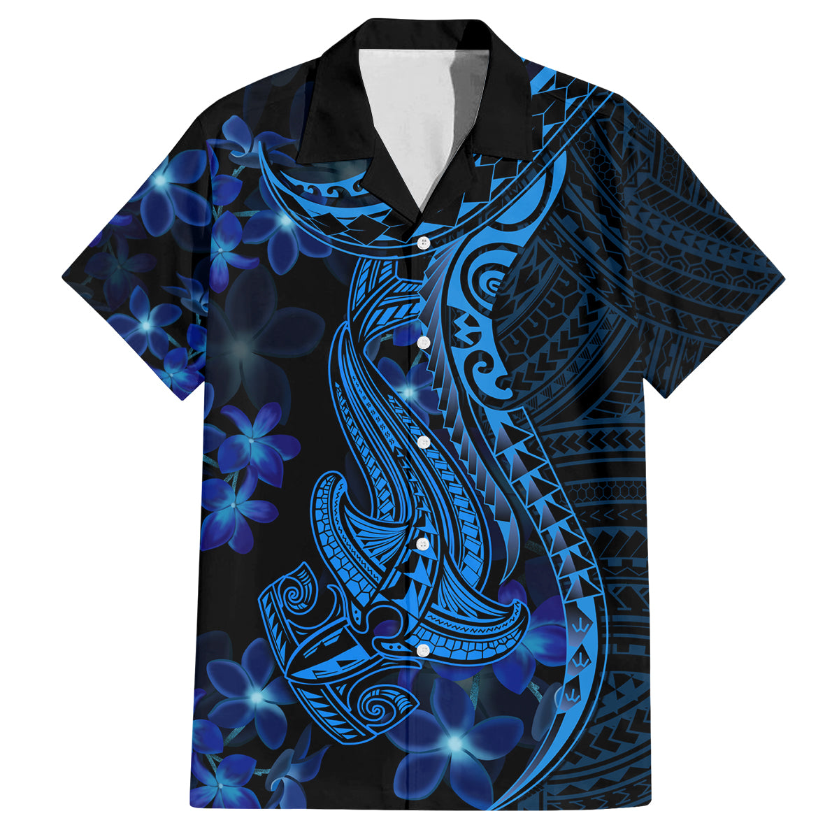 Blue Polynesia Shark Tattoo Family Matching Summer Maxi Dress and Hawaiian Shirt With Polynesian Plumeria LT14 Dad's Shirt - Short Sleeve Blue - Polynesian Pride