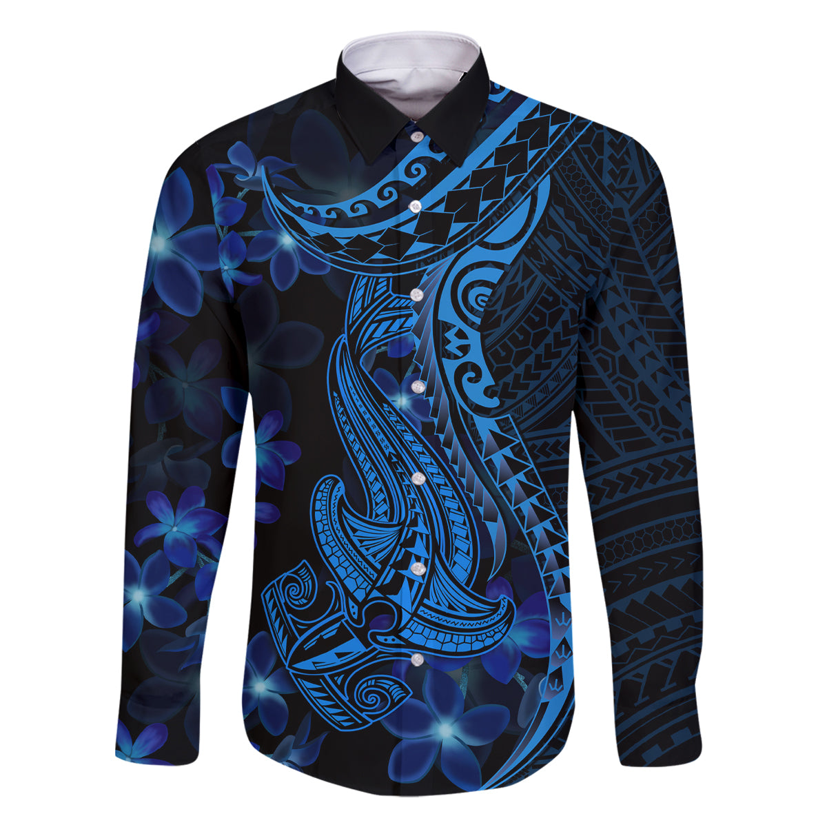 Blue Polynesia Shark Tattoo Family Matching Tank Maxi Dress and Hawaiian Shirt With Polynesian Plumeria LT14 Dad's Shirt - Long Sleeve Blue - Polynesian Pride