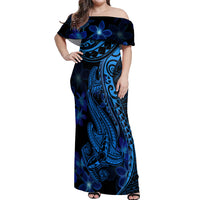 Blue Polynesia Shark Tattoo Off Shoulder Maxi Dress With Polynesian Plumeria LT14 Women Blue - Polynesian Pride