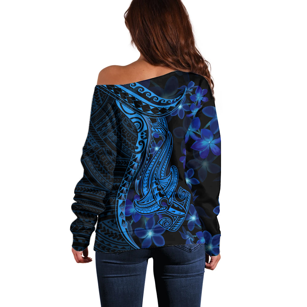 Blue Polynesia Shark Tattoo Off Shoulder Sweater With Polynesian Plumeria LT14 - Polynesian Pride