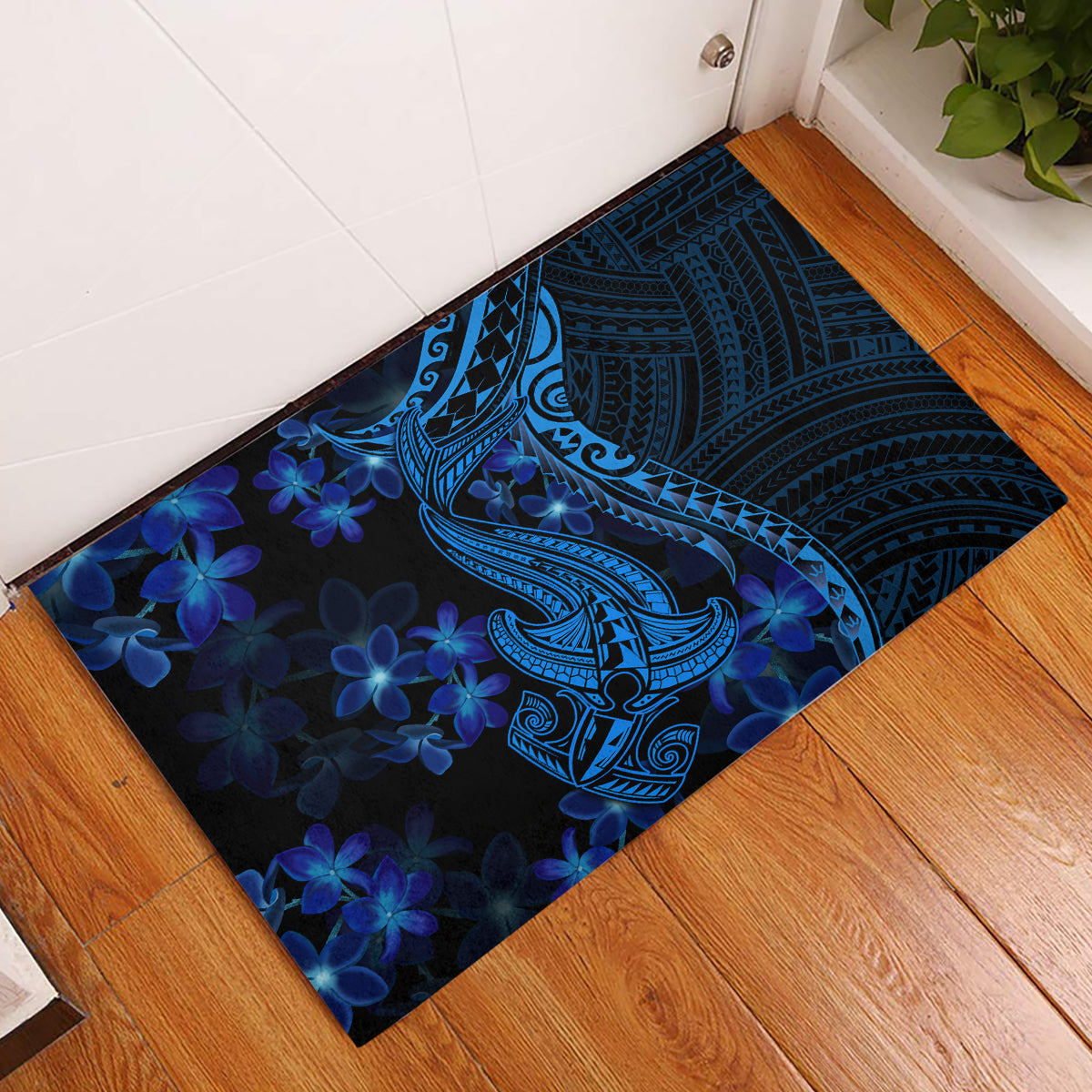 Blue Polynesia Shark Tattoo Rubber Doormat With Polynesian Plumeria LT14 Blue - Polynesian Pride