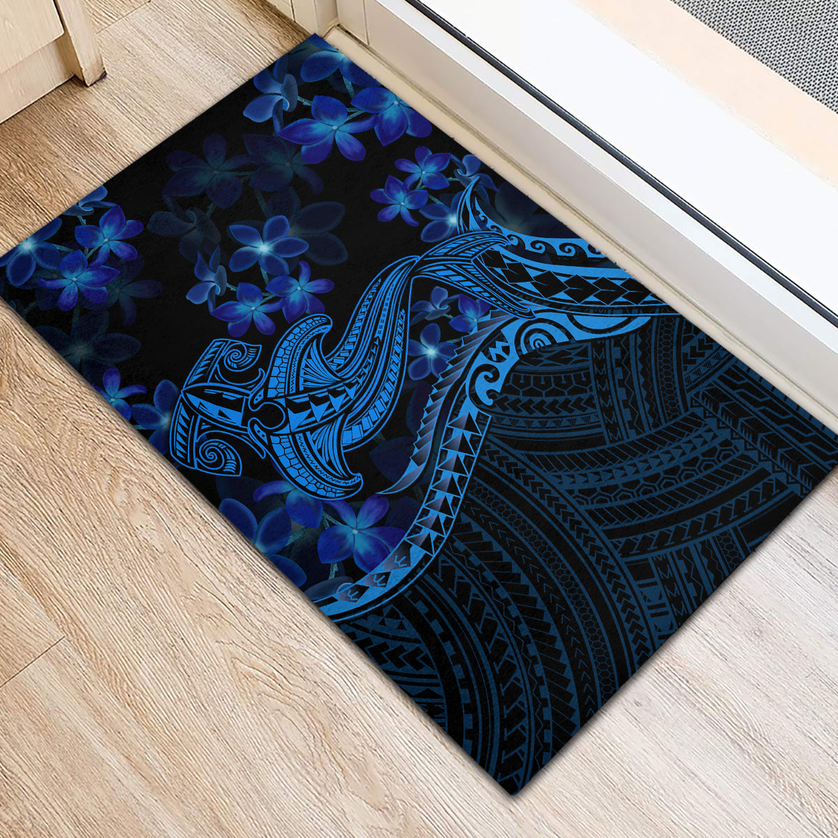 Blue Polynesia Shark Tattoo Rubber Doormat With Polynesian Plumeria LT14 - Polynesian Pride
