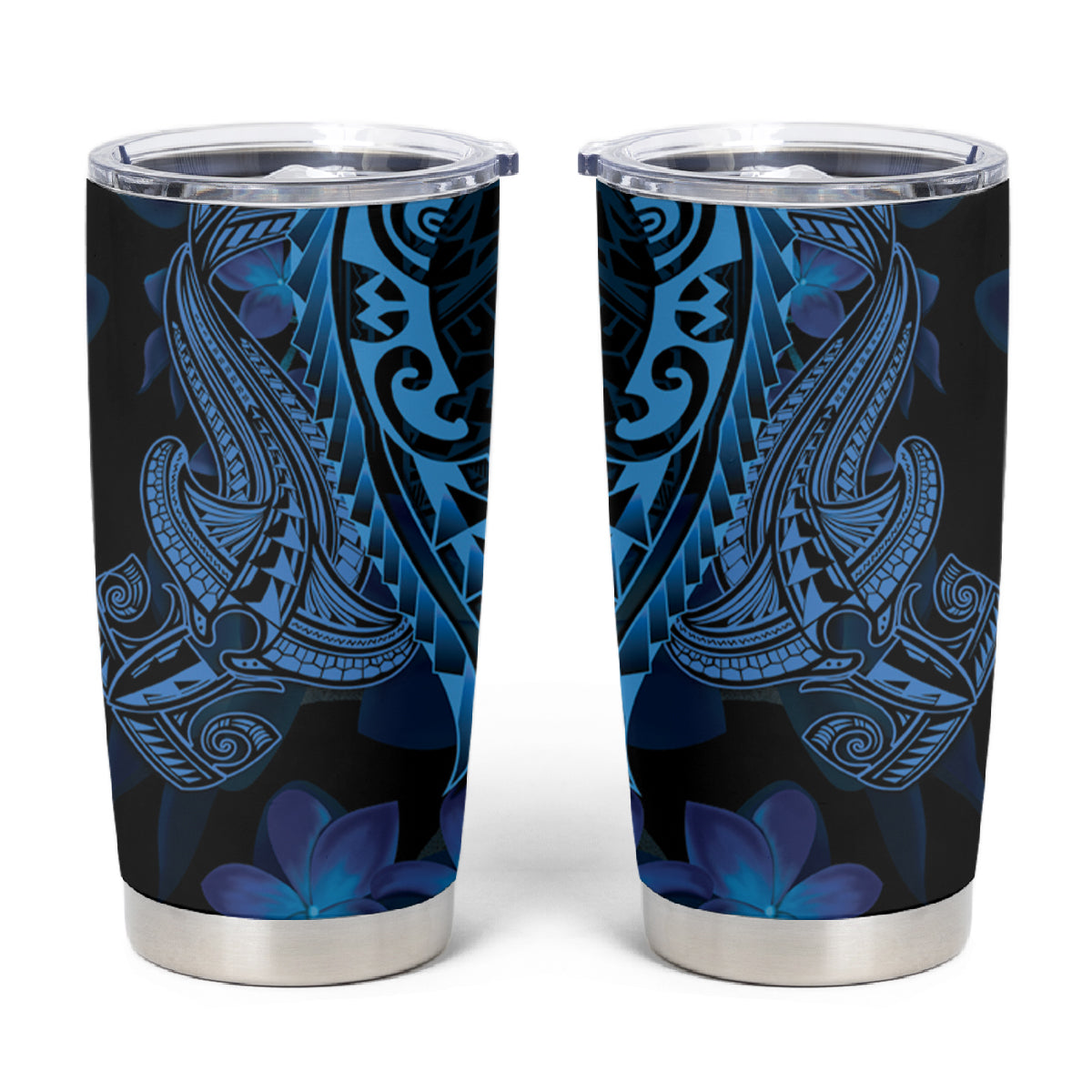 Blue Polynesia Shark Tattoo Tumbler Cup With Polynesian Plumeria LT14 Blue - Polynesian Pride