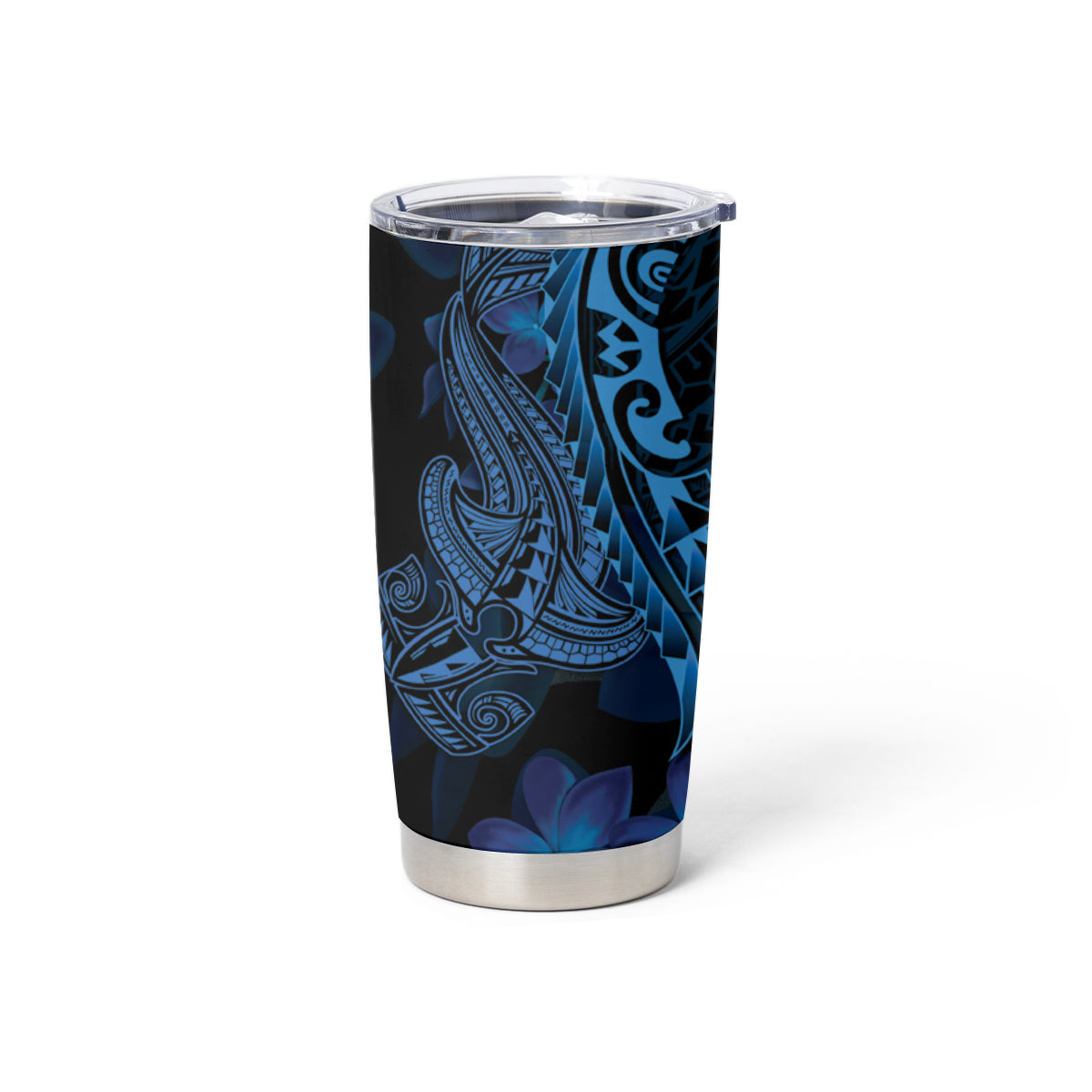 Blue Polynesia Shark Tattoo Tumbler Cup With Polynesian Plumeria LT14 - Polynesian Pride