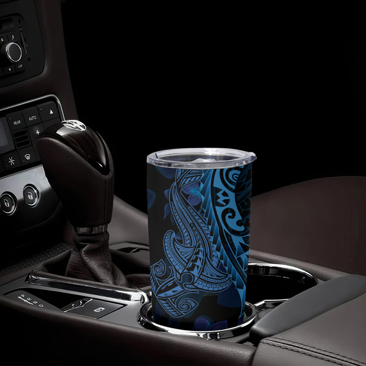 Blue Polynesia Shark Tattoo Tumbler Cup With Polynesian Plumeria LT14 - Polynesian Pride