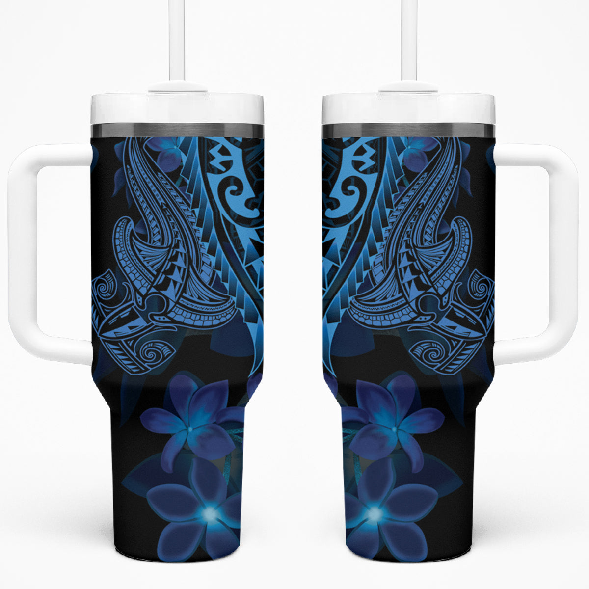 Blue Polynesia Shark Tattoo Tumbler With Handle With Polynesian Plumeria LT14 One Size: 40 oz Blue - Polynesian Pride