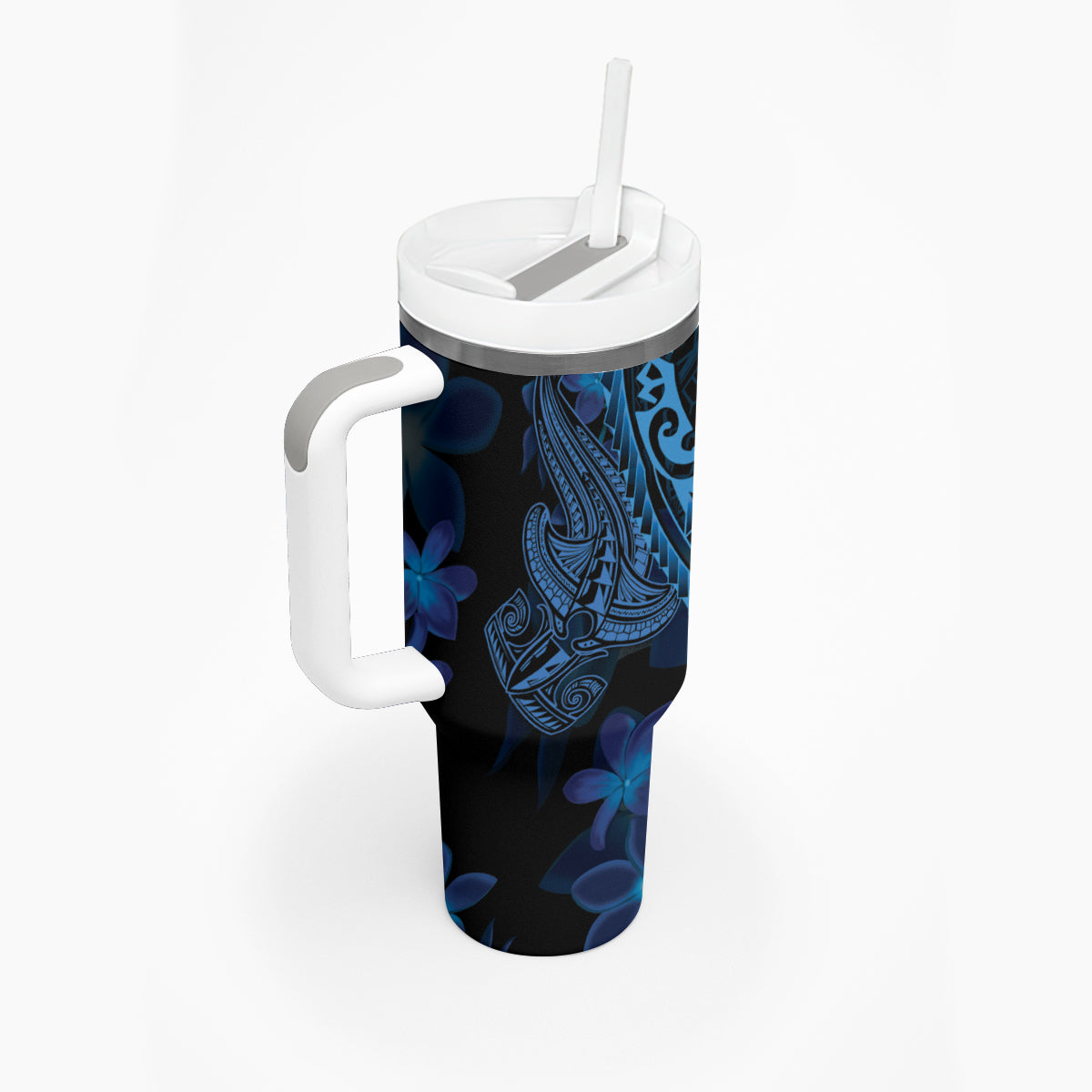 Blue Polynesia Shark Tattoo Tumbler With Handle With Polynesian Plumeria LT14 - Polynesian Pride