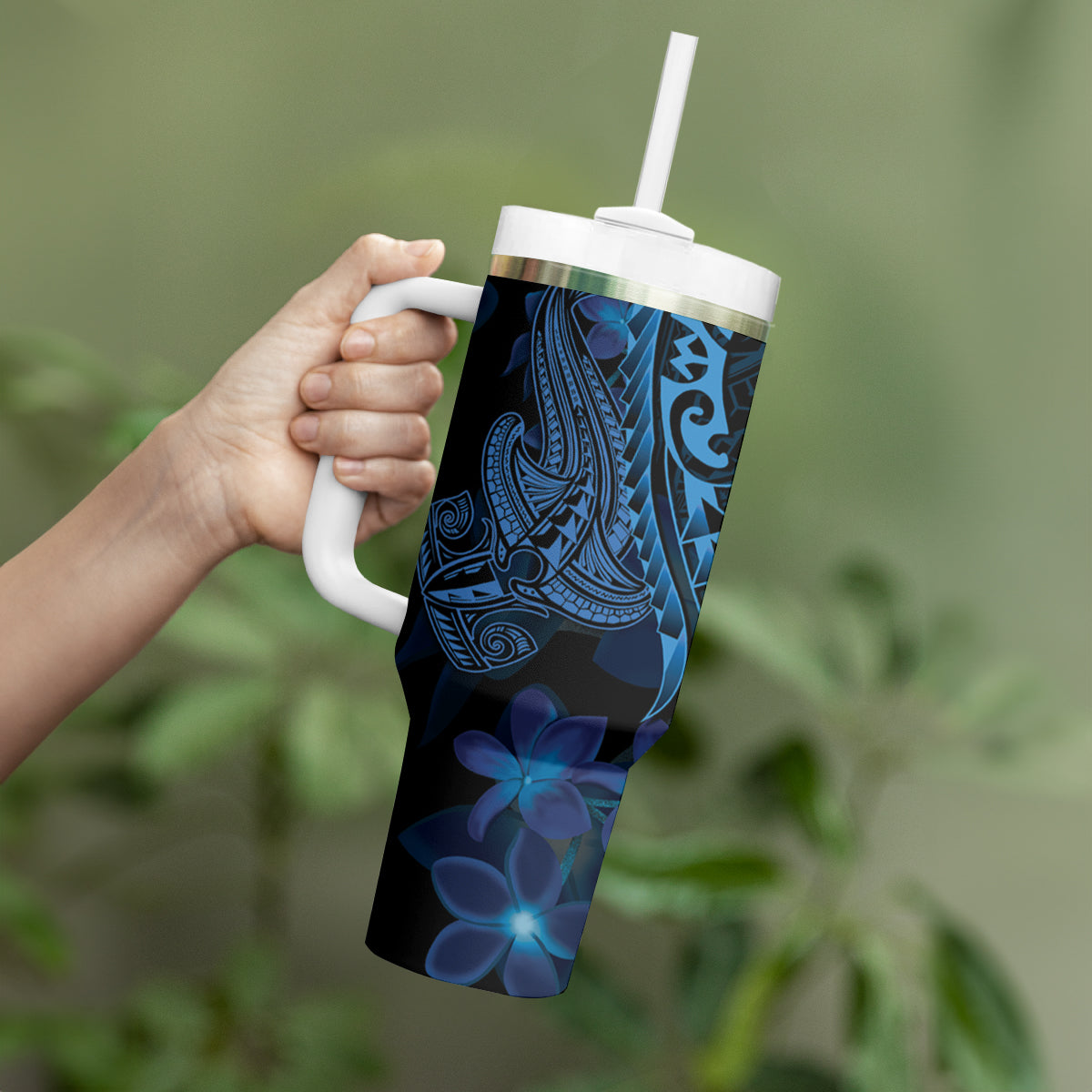 Blue Polynesia Shark Tattoo Tumbler With Handle With Polynesian Plumeria LT14 - Polynesian Pride