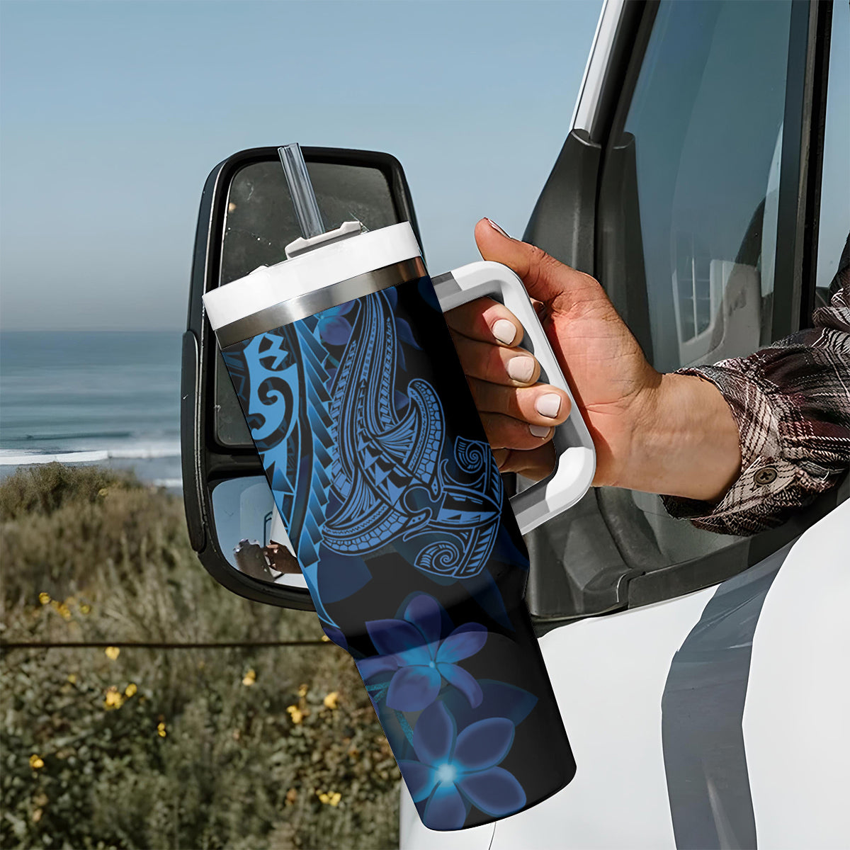 Blue Polynesia Shark Tattoo Tumbler With Handle With Polynesian Plumeria LT14 - Polynesian Pride