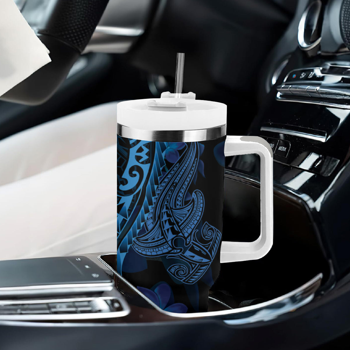 Blue Polynesia Shark Tattoo Tumbler With Handle With Polynesian Plumeria LT14 - Polynesian Pride