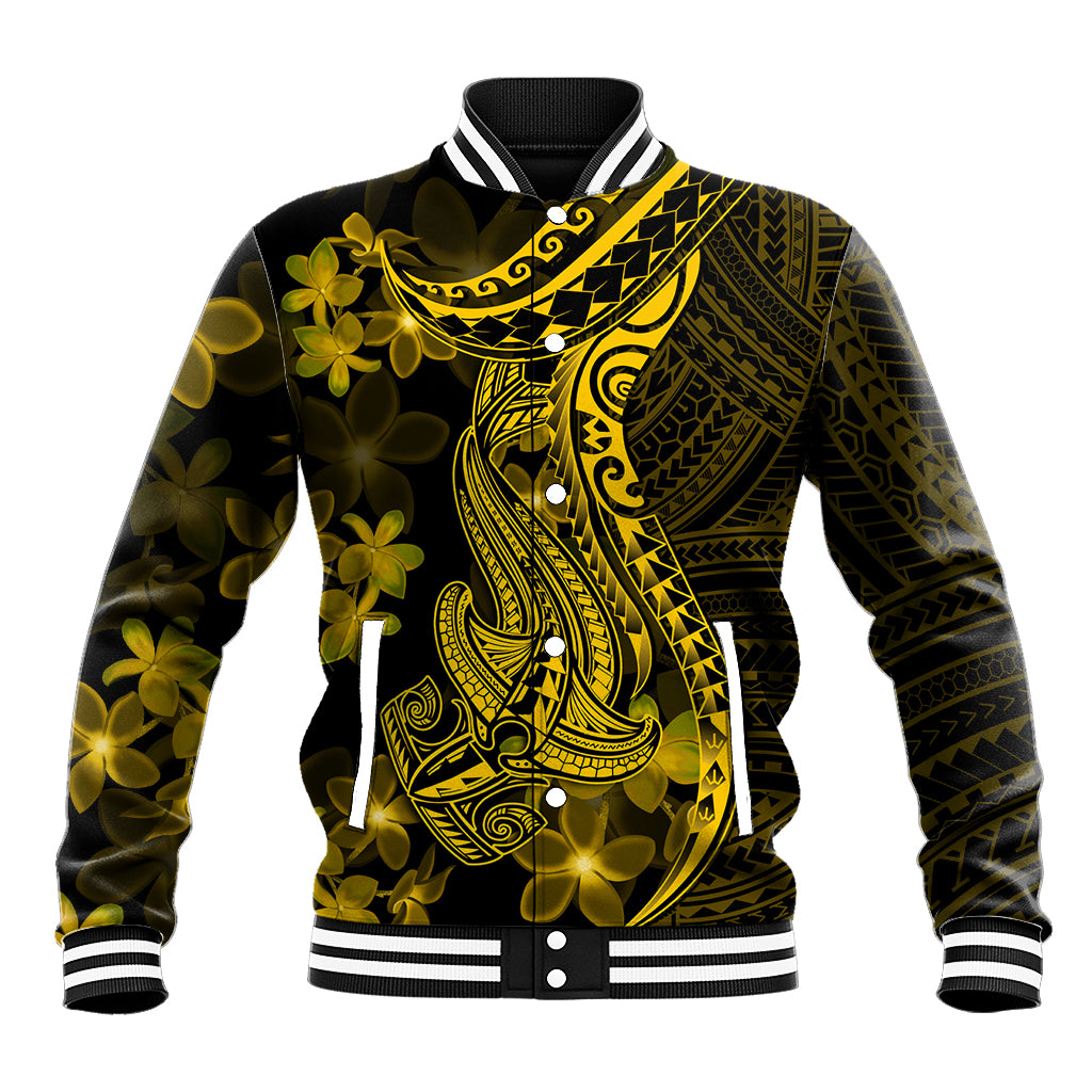 Gold Polynesia Shark Tattoo Baseball Jacket With Polynesian Plumeria LT14 Unisex Gold - Polynesian Pride