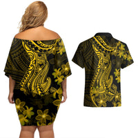 Gold Polynesia Shark Tattoo Couples Matching Off Shoulder Short Dress and Hawaiian Shirt With Polynesian Plumeria LT14 - Polynesian Pride