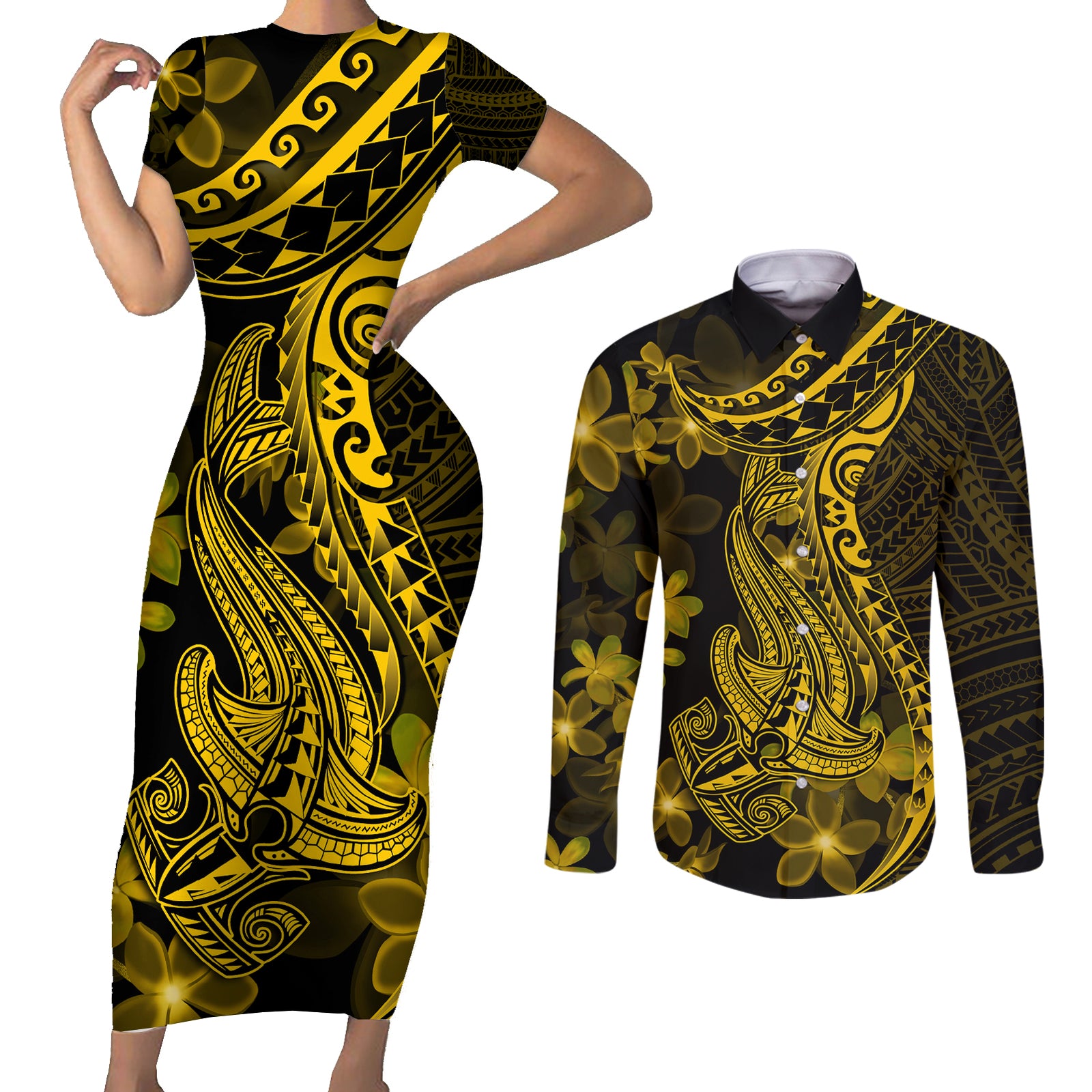 Gold Polynesia Shark Tattoo Couples Matching Short Sleeve Bodycon Dress and Long Sleeve Button Shirt With Polynesian Plumeria LT14 Gold - Polynesian Pride