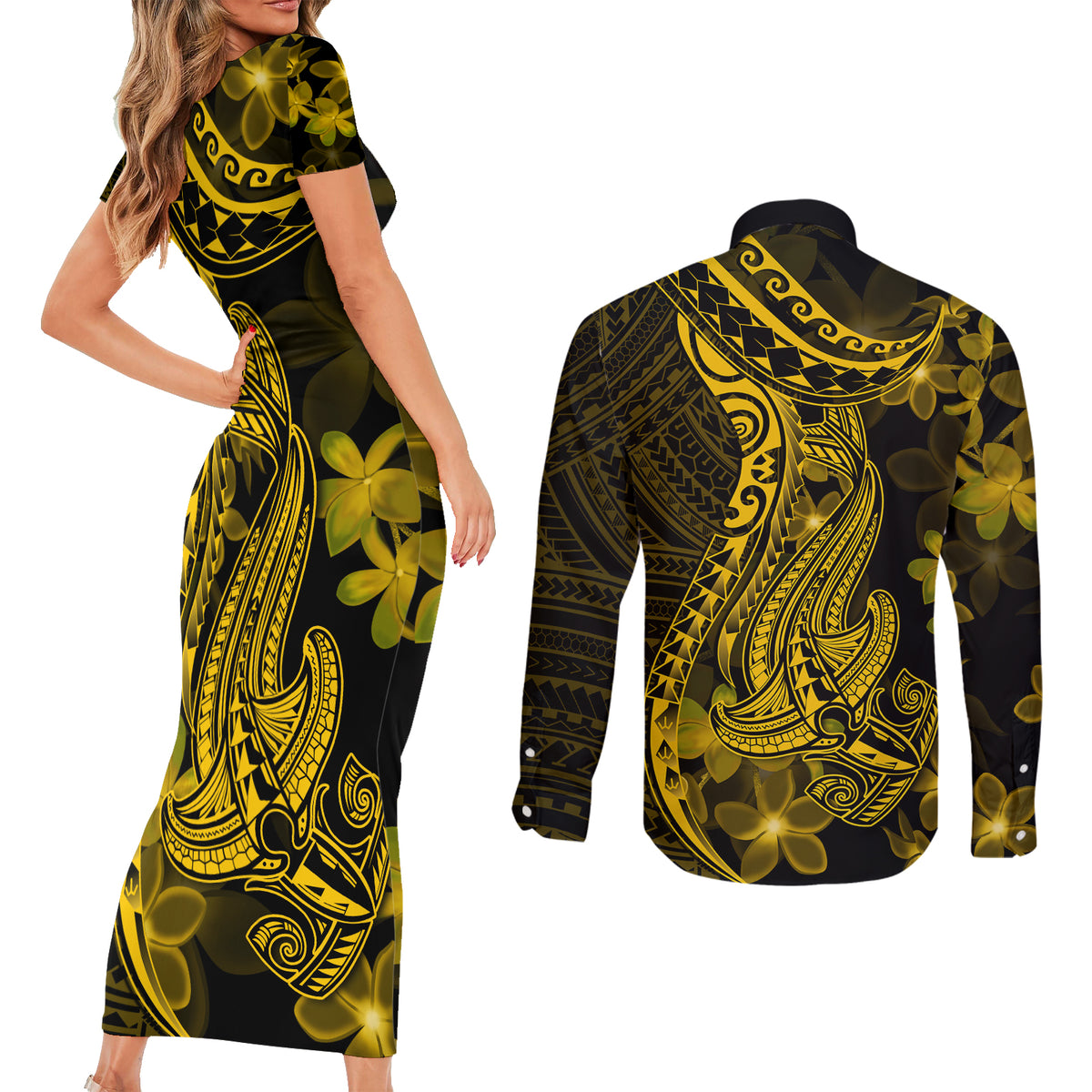 Gold Polynesia Shark Tattoo Couples Matching Short Sleeve Bodycon Dress and Long Sleeve Button Shirt With Polynesian Plumeria LT14 - Polynesian Pride